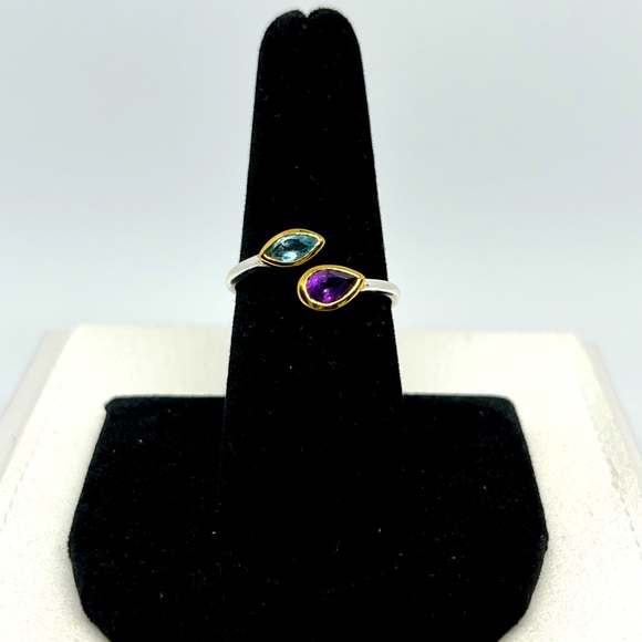 STERLING SILVER & 18K GOLD PLATED RING WITH SWISS-BLUE TOPAZ & AMETHYST - Picture 2 of 7